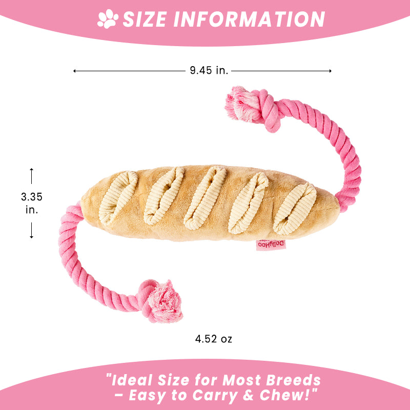 Product size information chart for the plush baguette French bread dog toy with a pink rope, detailing dimensions of 9.45 inches in length, 3.35 inches in height, and a weight of 4.52 oz. Text emphasizes it is the "Ideal Size for Most Breeds".