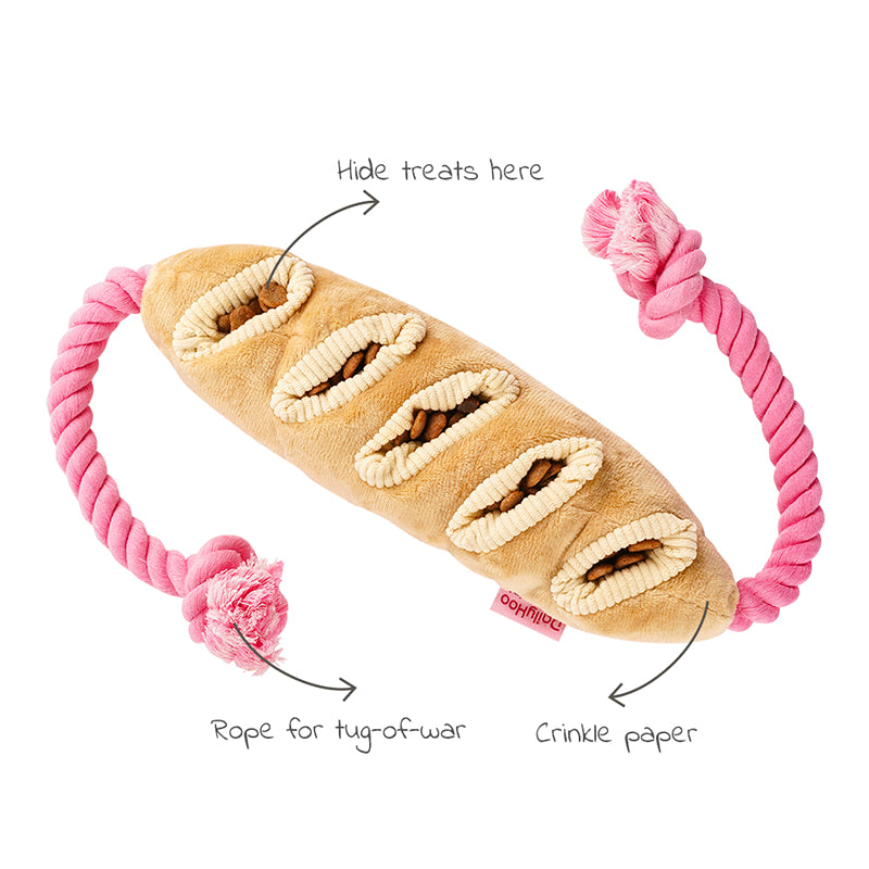 Baguette Plush Dog Toy – Chew, Crinkle & Rope Interactive Toy
