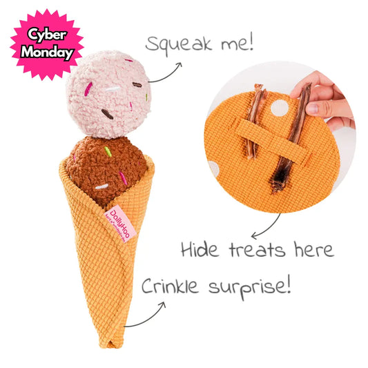 Ice Cream Plush Dog Toy 3-in-1 Chew, Squeaky & Treat Hiding Interactive Toy