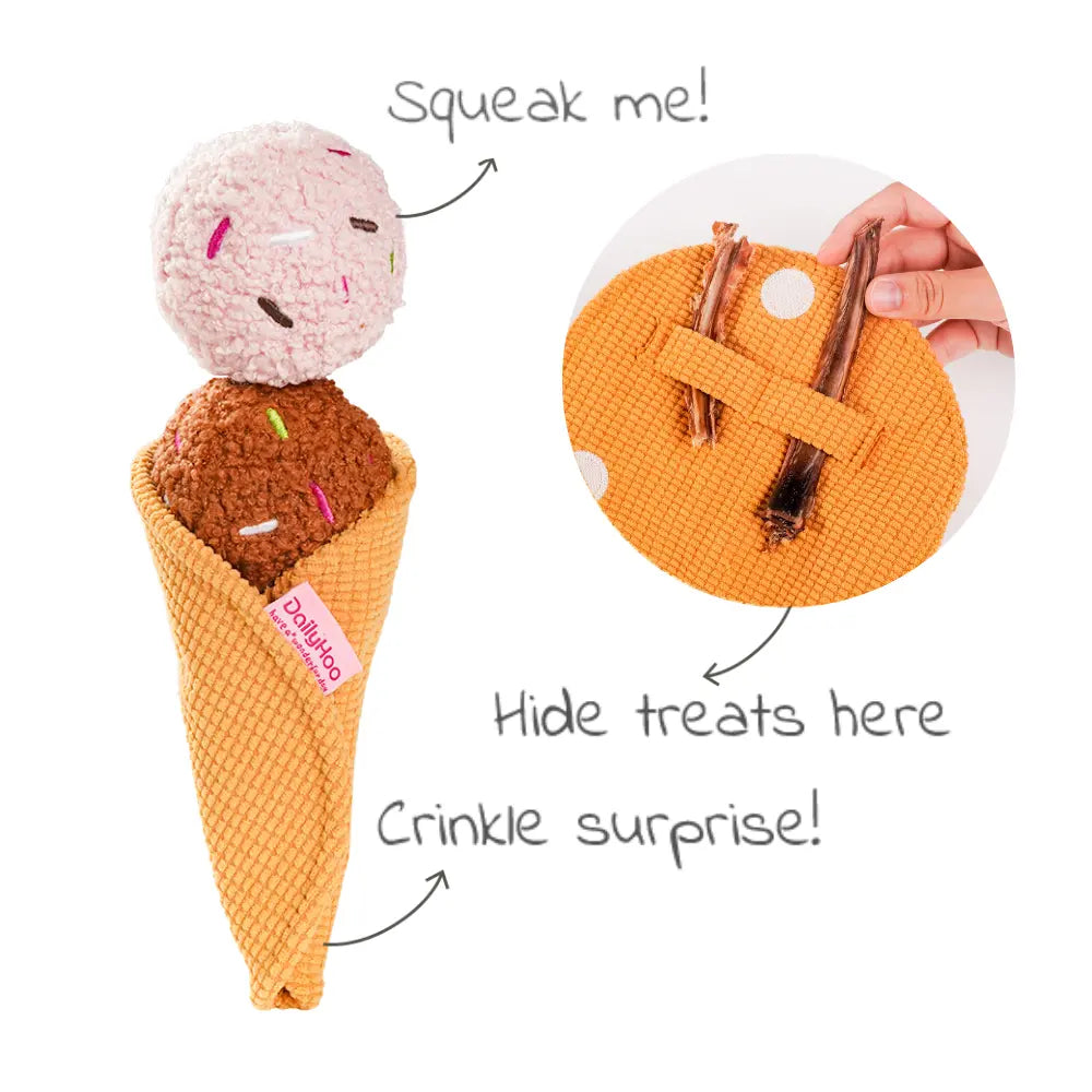 Ice Cream Plush Dog Toy 3-in-1 Chew, Squeaky & Treat Hiding Interactive Toy