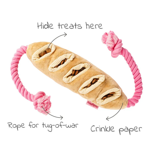 Tuggy Baguette Plush Dog Toy – Chew, Crinkle & Rope Interactive Toy