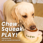 A Yellow Labrador Retriever investigating a plush latte cup squeaky dog toy placed on a saucer, with overlay text reading "Chew, Squeak, PLAY! Interactive toy with fun sounds and textures."