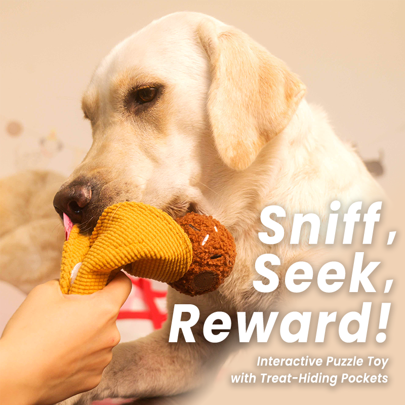 Yellow Labrador Retriever gently playing tug with the plush ice cream cone puzzle toy held by a person's hand, with text reading "Sniff, Seek, Reward! Interactive Puzzle Toy with Treat-Hiding Pockets" highlighting its nosework function.