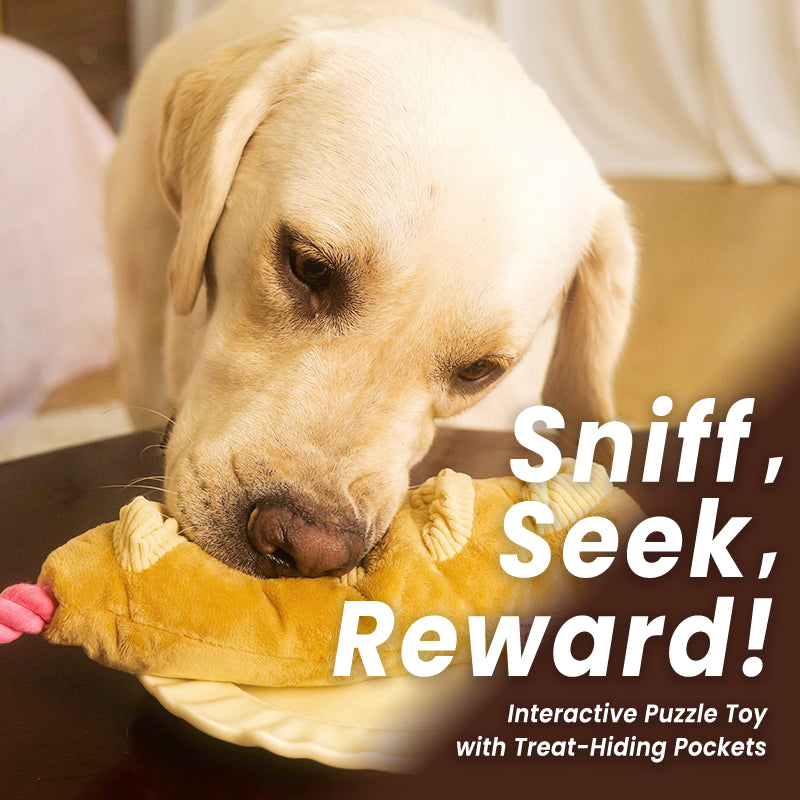 Alt Text: Yellow Labrador Retriever dog gently sniffing the plush baguette French bread puzzle toy on a plate, with overlay text "Sniff, Seek, Reward! Interactive Puzzle Toy with Treat-Hiding Pockets" emphasizing its nosework function.