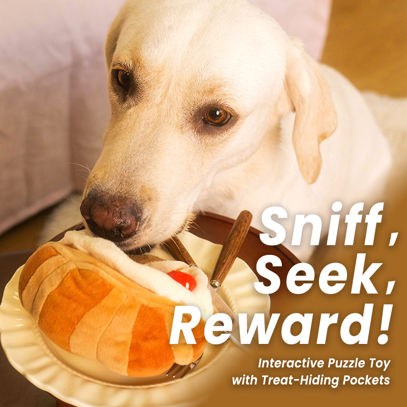 A Yellow Labrador Retriever sniffing the plush strawberry croissant puzzle toy, with prominent overlay text "Sniff, Seek, Reward! Interactive Puzzle Toy with Treat-Hiding Pockets" for enrichment.