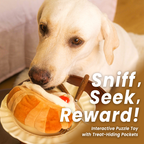 A Yellow Labrador Retriever sniffing the plush strawberry croissant puzzle toy, with prominent overlay text "Sniff, Seek, Reward! Interactive Puzzle Toy with Treat-Hiding Pockets" for enrichment.
