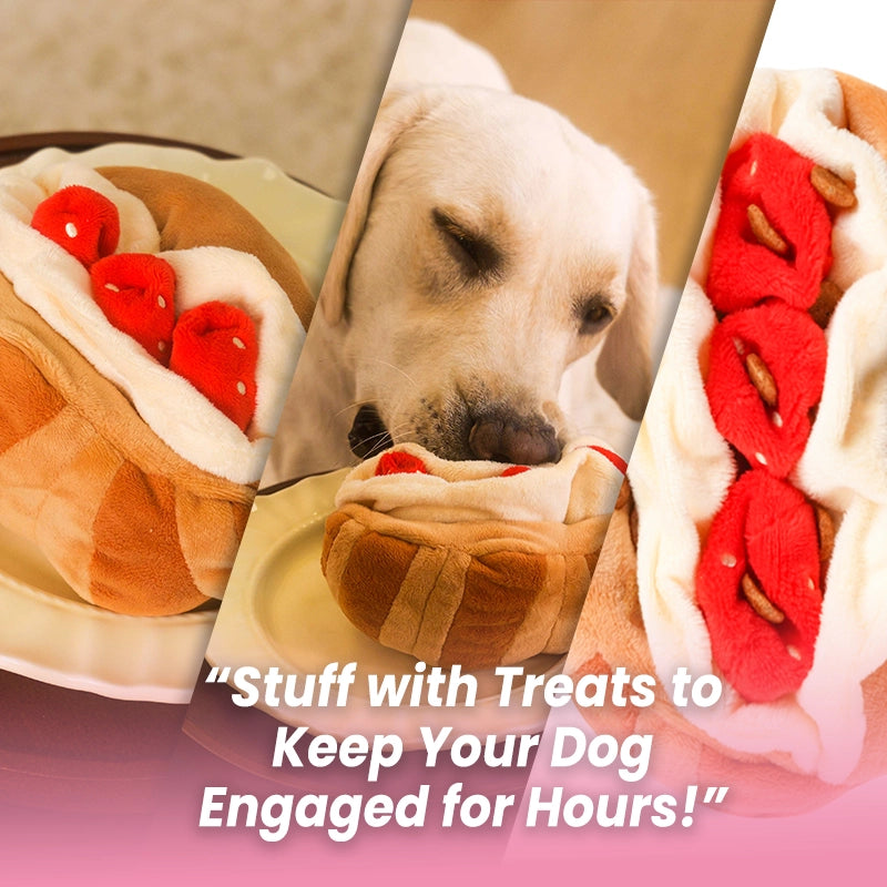 Collage image featuring a Yellow Labrador Retriever interacting with the plush strawberry croissant puzzle dog toy, with prominent text stating "Stuff with Treats to Keep Your Dog Engaged for Hours!" promoting long-lasting mental stimulation and treat-hiding function.