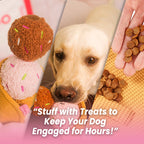 Collage featuring a Yellow Labrador Retriever dog and the plush ice cream cone puzzle toy, with a human hand holding dog treats; text reads "Stuff with Treats to Keep Your Dog Engaged for Hours!" emphasizing its treat-hiding and mental stimulation function.