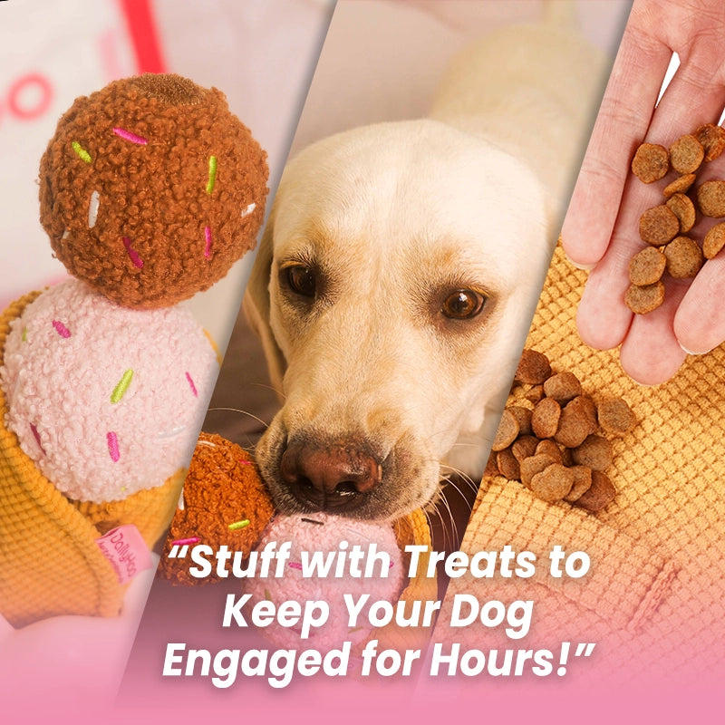 Collage featuring a Yellow Labrador Retriever dog and the plush ice cream cone puzzle toy, with a human hand holding dog treats; text reads "Stuff with Treats to Keep Your Dog Engaged for Hours!" emphasizing its treat-hiding and mental stimulation function.
