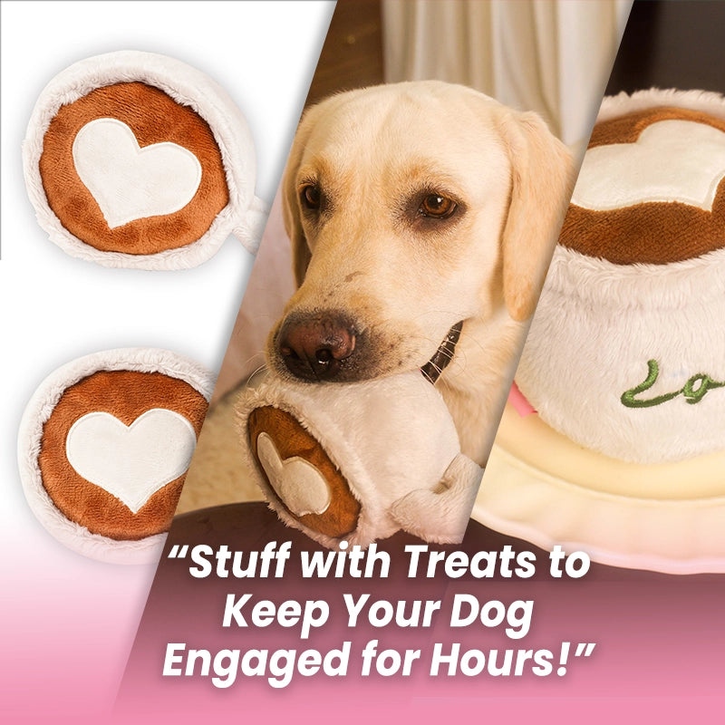 Collage featuring a Yellow Labrador Retriever holding a plush latte cup dog toy in its mouth, alongside close-up views of the heart latte art design, with text stating "Stuff with Treats to Keep Your Dog Engaged for Hours!" highlighting its function as an interactive puzzle toy.