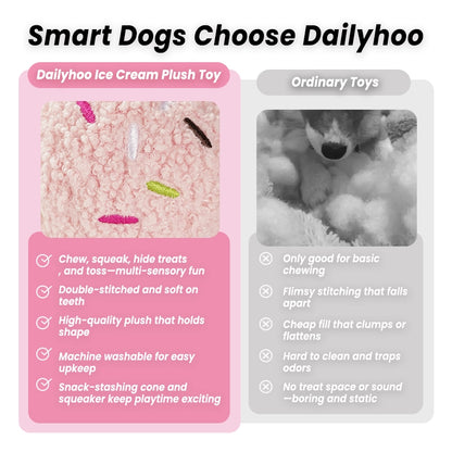 Ice Cream Plush Dog Toy – Chew, Squeaky & Treat Hiding Interactive Toy