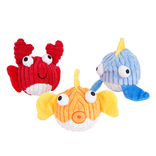 Sea Animal Squeaky Dog Toys – Shark, Crab & Fish Plush Set