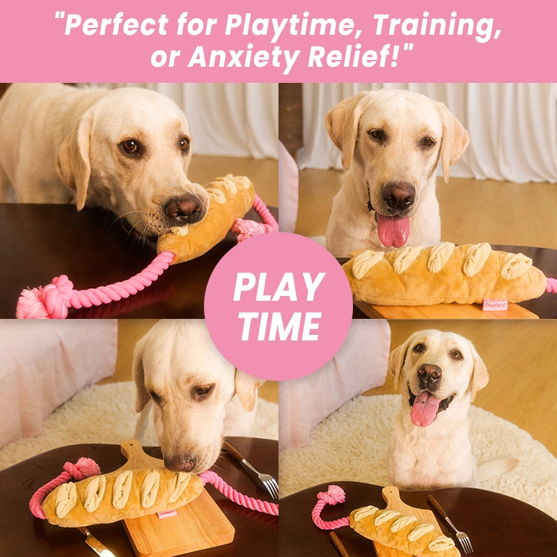Alt Text: Four-panel collage of a happy Yellow Labrador Retriever playing with the plush baguette French bread puzzle toy (with pink rope ends visible), with overlay text reading "Perfect for Playtime, Training, or Anxiety Relief!" promoting the toy's uses for anxiety and obedience training.