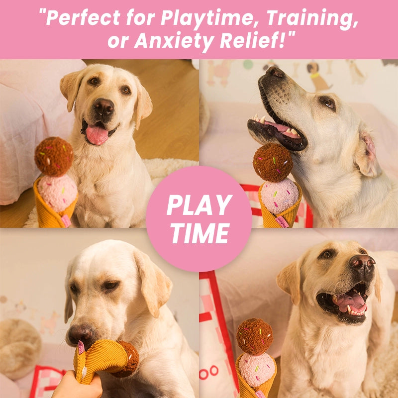 Four-panel collage of a happy Yellow Labrador Retriever playing enthusiastically with the plush ice cream cone puzzle toy, with overlay text reading "Perfect for Playtime, Training, or Anxiety Relief!" promoting the toy's uses for anxiety and obedience training.