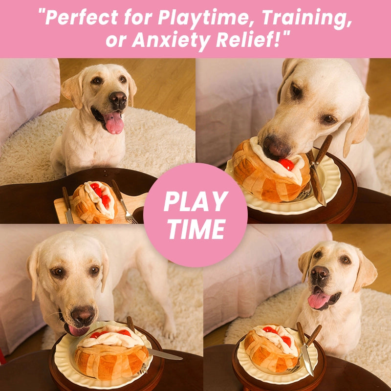 Four-panel collage of a happy Yellow Labrador Retriever engaging with the plush strawberry croissant puzzle toy, with overlay text reading "Perfect for Playtime, Training, or Anxiety Relief!" promoting the toy's uses for anxiety and training.