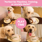 Four-panel collage of a happy Yellow Labrador Retriever engaging with a plush latte cup dog toy, with text overlay reading "Perfect for Playtime, Training, or Anxiety Relief!" highlighting the toy's versatility for dog training and comfort.