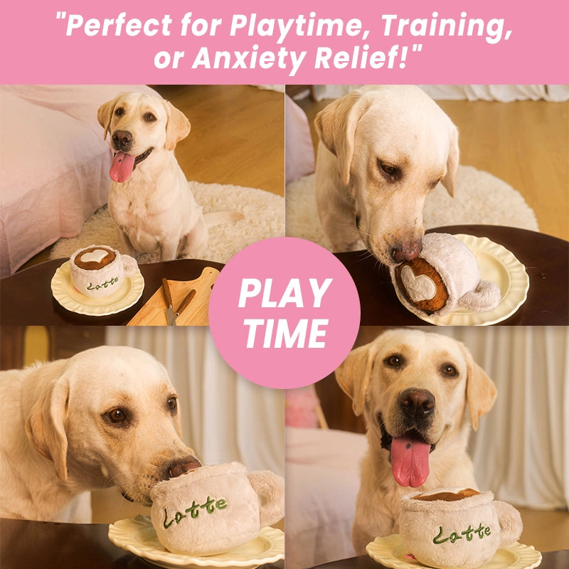 Four-panel collage of a happy Yellow Labrador Retriever engaging with a plush latte cup dog toy, with text overlay reading "Perfect for Playtime, Training, or Anxiety Relief!" highlighting the toy's versatility for dog training and comfort.