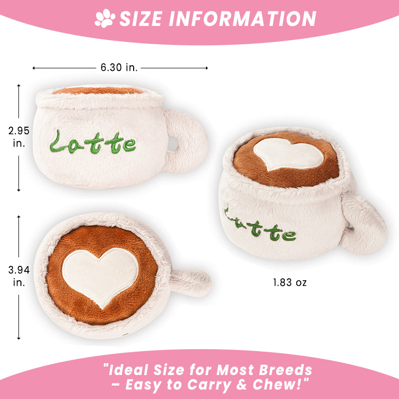 Product size information chart for the plush latte cup dog toy, detailing dimensions of 6.30 inches in width, 2.95 inches in height, and 3.94 inches in diameter, with a weight of 1.83 oz. Text highlights it as an "Ideal Size for Most Breeds - Easy to Carry & Chew!"