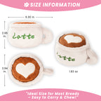 Product size information chart for the plush latte cup dog toy, detailing dimensions of 6.30 inches in width, 2.95 inches in height, and 3.94 inches in diameter, with a weight of 1.83 oz. Text highlights it as an "Ideal Size for Most Breeds - Easy to Carry & Chew!"
