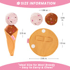 Product size information chart for the plush ice cream cone dog toy, detailing the cone's height (3.10 in.) and the round puzzle component's diameter (2.95 in.). The text emphasizes the toy is the "Ideal Size for Most Breeds" and is lightweight.