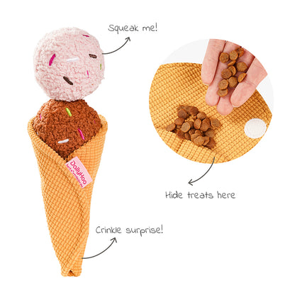 Ice Cream Plush Dog Toy – Chew, Squeaky & Treat Hiding Interactive Toy