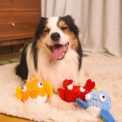 Sea Animal Squeaky Dog Toys – Shark, Crab & Fish Plush Set