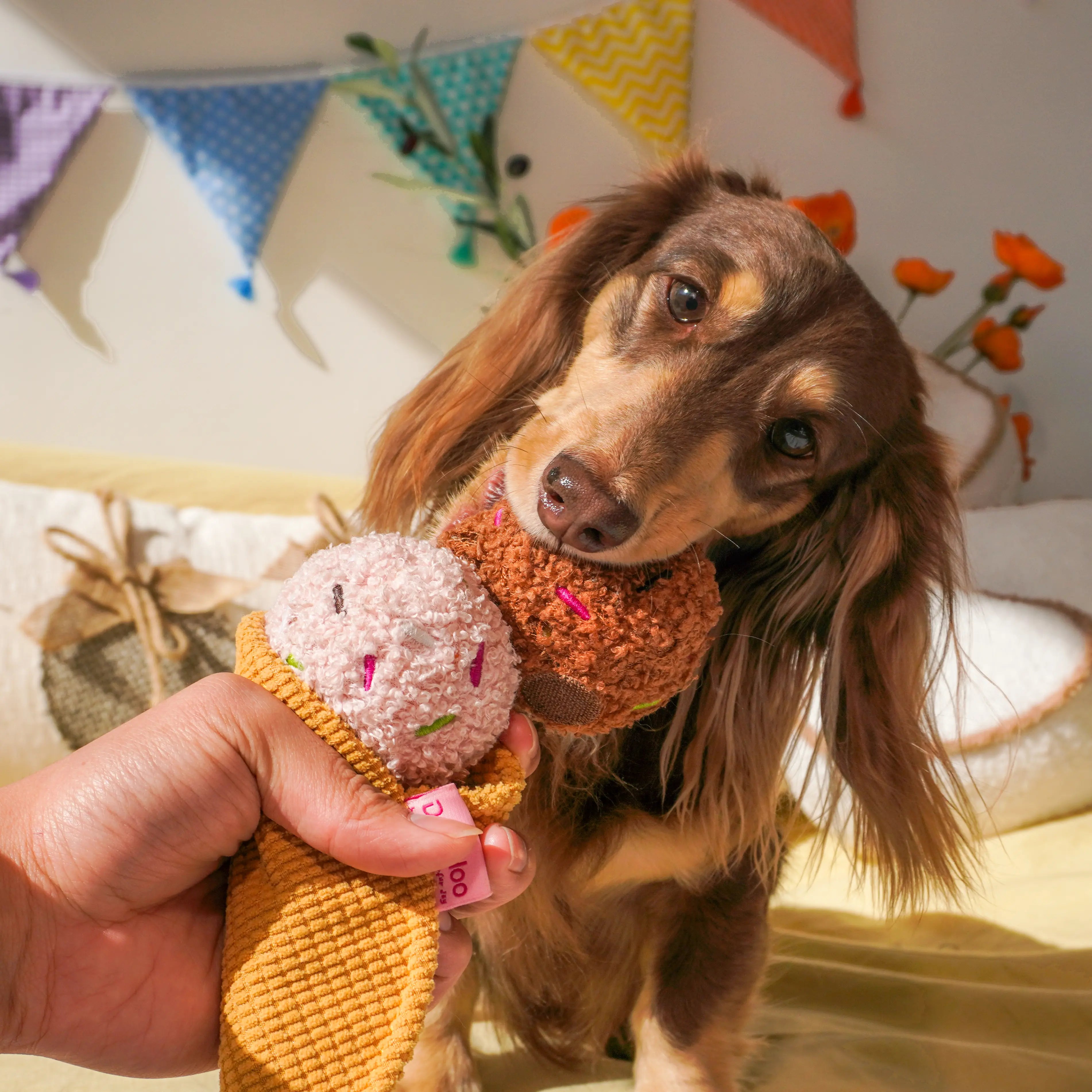 Ice Cream Plush Dog Toy 3-in-1 Chew, Squeaky & Treat Hiding Interactive Toy