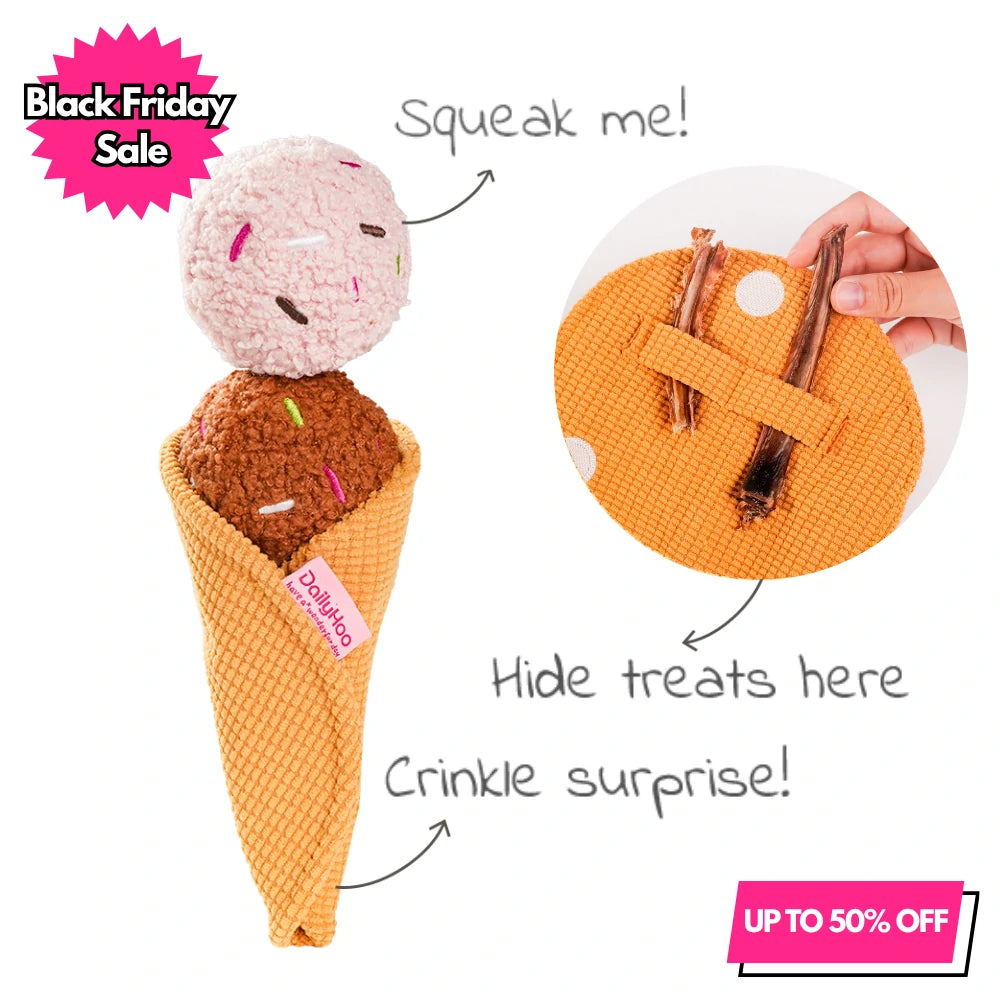 Plush ice cream cone dog toy featuring a crinkle cone and a squeaker, with a separate panel for treat-hiding nosework. The image includes "Black Friday Sale" and "UP TO 50% OFF" promotional text.