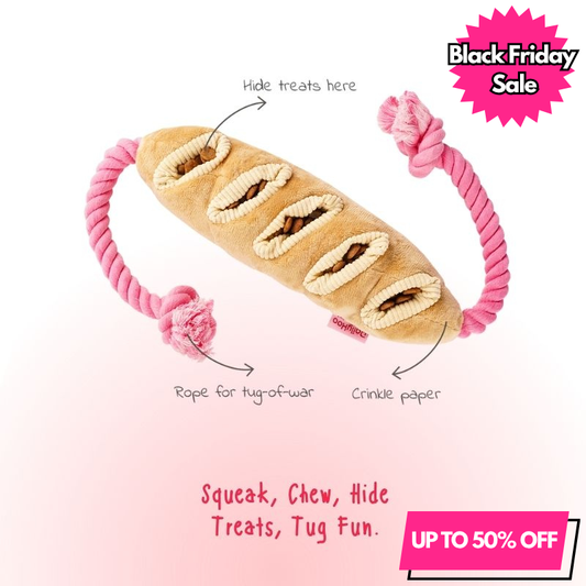 Tuggy Baguette Plush Dog Toy – Chew, Crinkle & Rope Interactive Toy