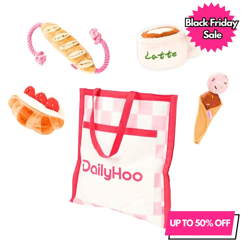 Dailyhoo Plush Food-Themed Puzzle Toy Collection flat lay on a white background, featuring the baguette rope toy, latte coffee cup toy, strawberry croissant toy, and ice cream cone toy, all marked with "Black Friday Sale" and "UP TO 50% OFF" promotional text.